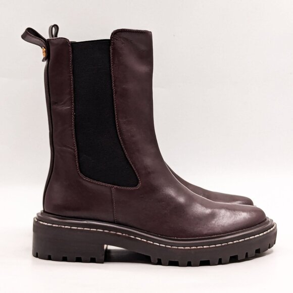 Tory Burch Women Benton Chelsea Stretchy Burgundy Leather Lug Ankle Boots sz 8 - Picture 5 of 11